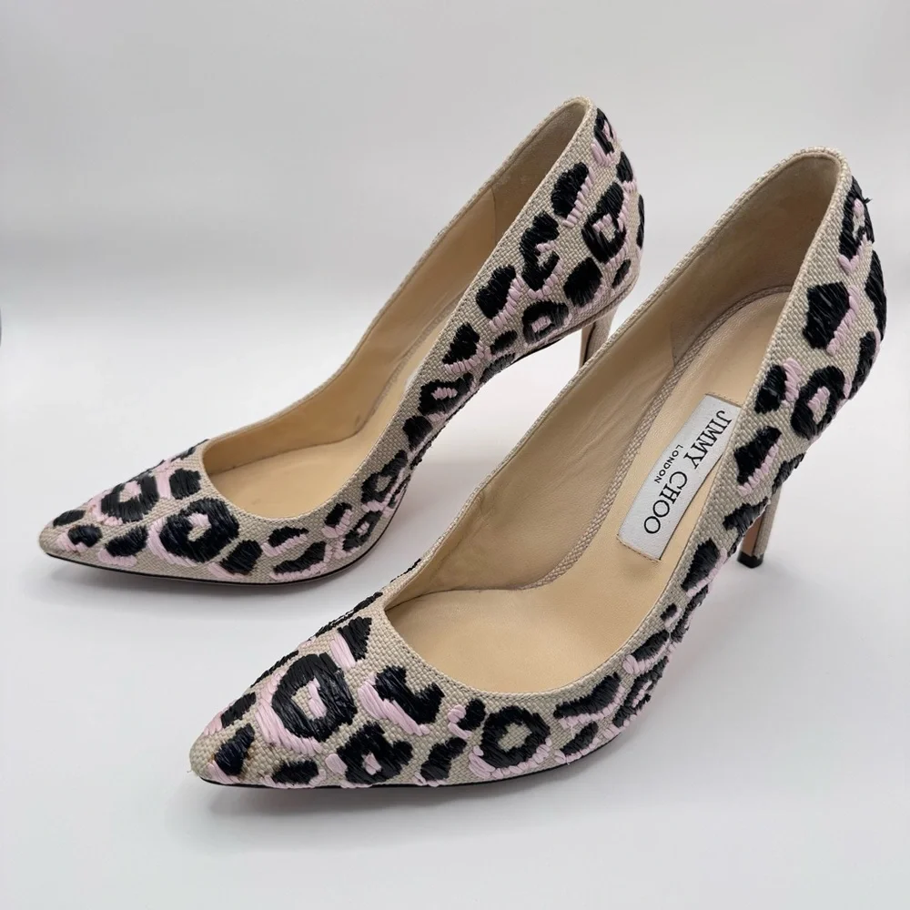Jimmy Choo Woven Raffia Leopard Pink Black Natural Motif Romy Pumps Heels